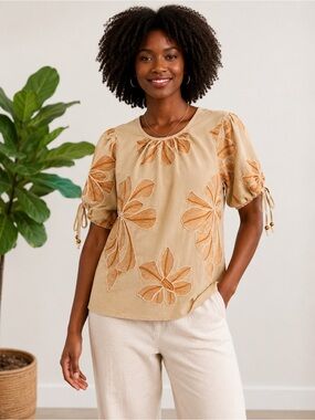 Badgley Mischka Puff-Sleeve Linen-Blend Blouse XL New